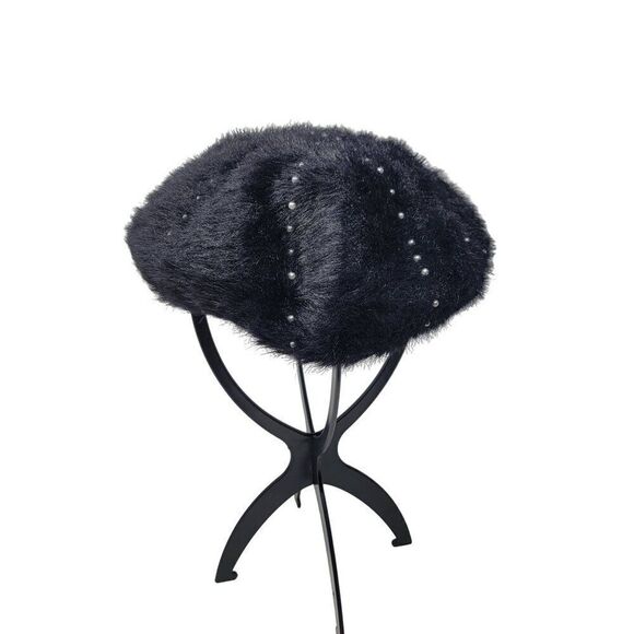 Sole‎ Society Fuzzy Eyelash Black Beret Gunmetal Studded Hat Military City Glam main image 7